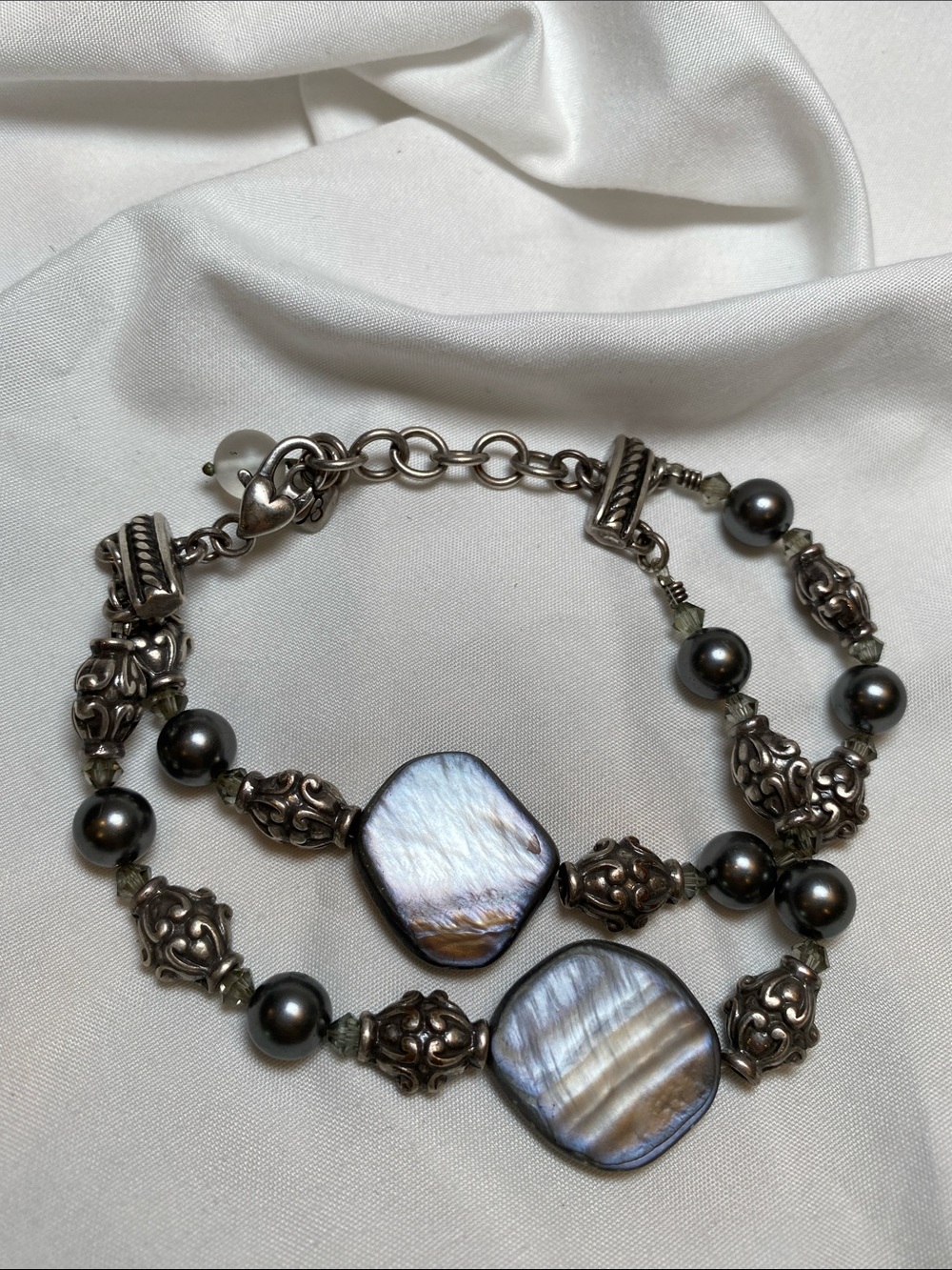 Brighton Utopia Double Strand Gray Pearl Beaded Silver-Plated Bracelet 9"